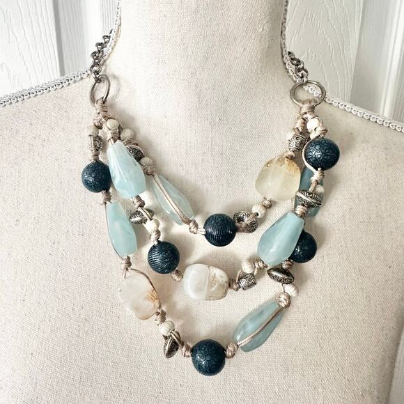 Chico's Triple Strand Large Blue Gem Stone Acrylic Chunky Statement Necklace - Picture 6 of 7